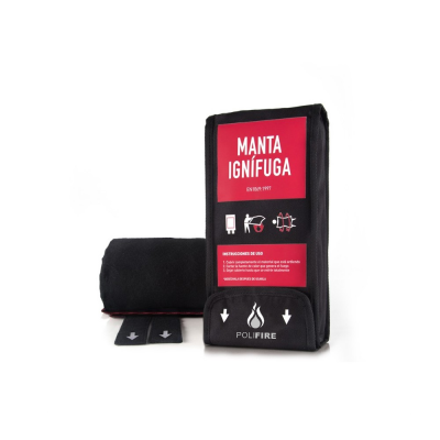 Manta ignífuga preta com etiqueta vermelha e logótipo POLIFIRE