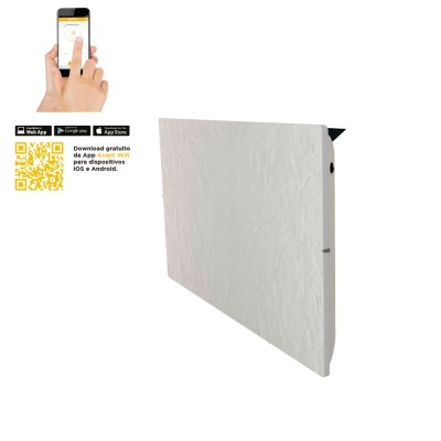 Painel branco texturizado retangular com smartphone e código QR para app