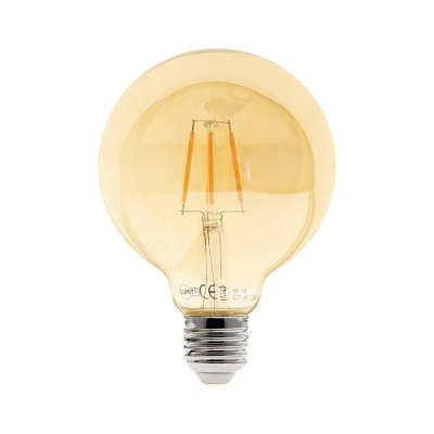 Lâmpada LED vintage ambar com base metálica e filamentos visíveis