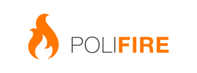 Logótipo com chama laranja e texto POLIFIRE em preto e laranja