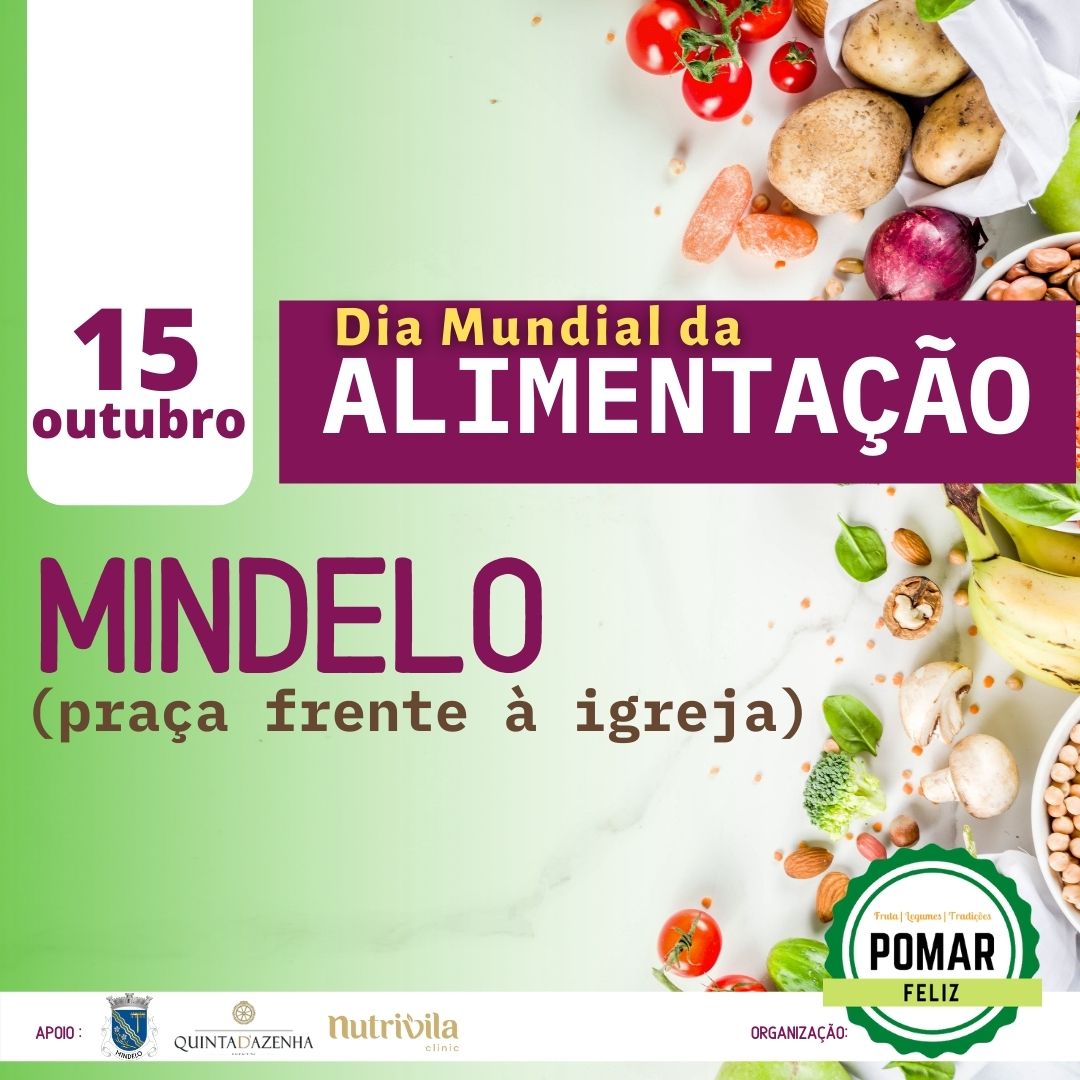 Cartaz para o Dia Mundial da Alimentação com alimentos frescos e texto de evento em Mindelo.