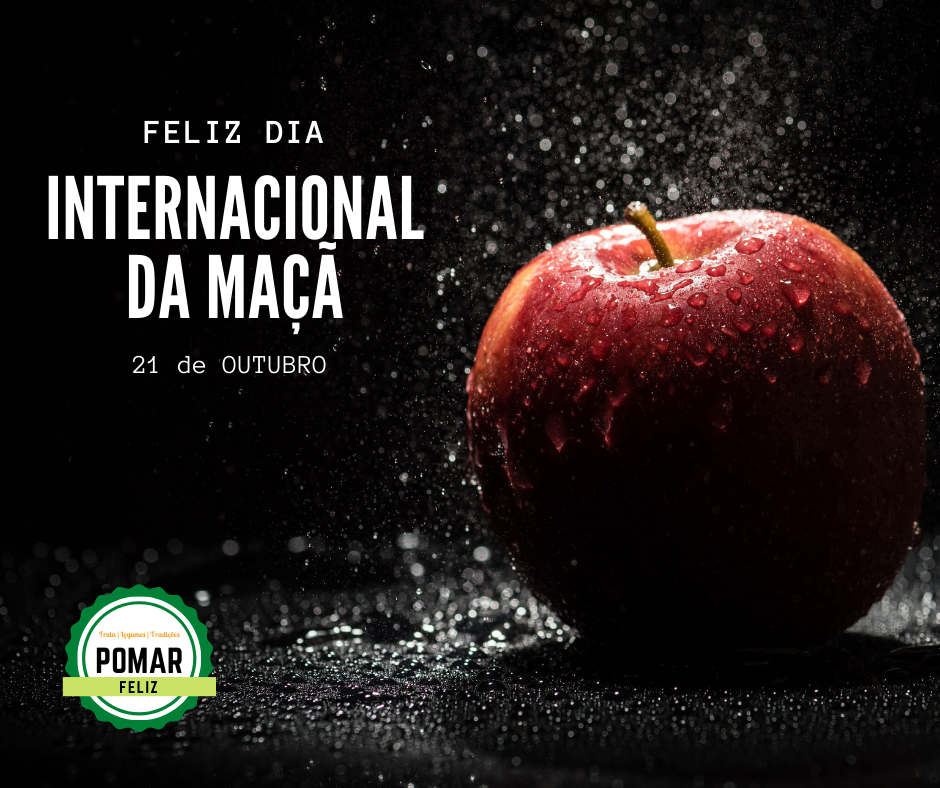 Maçã vermelha molhada com texto sobre Dia Internacional da Maçã