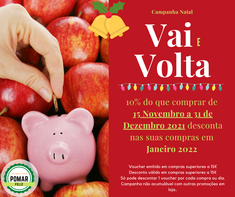 Campanha Natal Vai e Volta com mealheiro de porco rosa e maçãs vermelhas