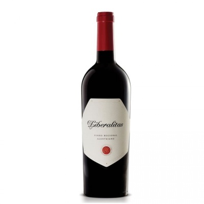 Garrafas de vinho tinto Liberalitas com rótulo branco e tampa vermelha