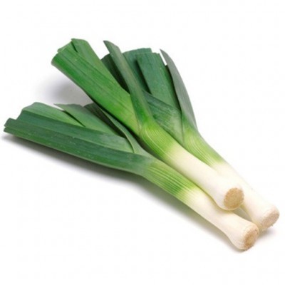 Três alhos-porós frescos com folhas verdes e caules brancos