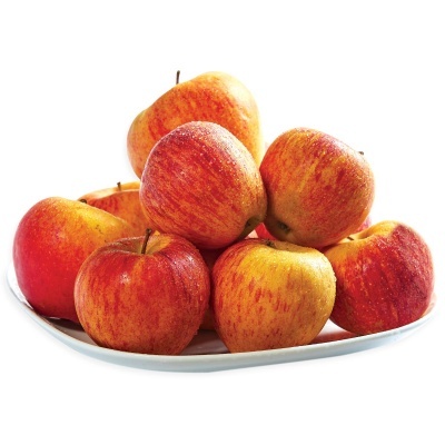 Placa branca com oito maçãs vermelhas e amarelas empilhadas.