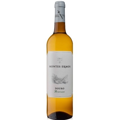 Garrafa de vinho branco Montes Ermos Douro Reserva com rótulo branco