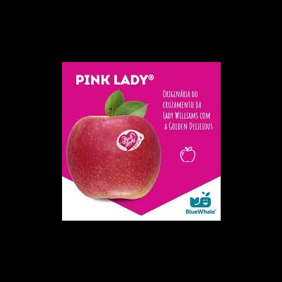 Maçã Pink Lady® vermelha com etiqueta adesiva e fundo rosa com texto em branco