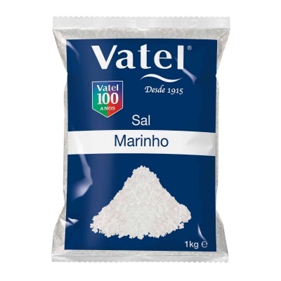 Embalagem de sal marinho Vatel 1 kg azul e branco