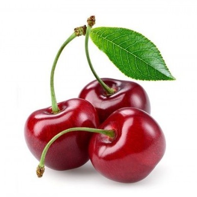 Tres cerejas vermelhas com caules e uma folha verde