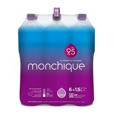 Pack de 6 garrafas de água mineral Monchique 1,5L com embalagem roxa e azul