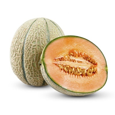 Melão cantalupo inteiro com metade cortada mostrando polpa alaranjada e sementes