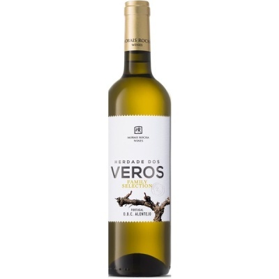Garrafa de vinho branco Herdade dos Veros com rótulo branco e tampa dourada