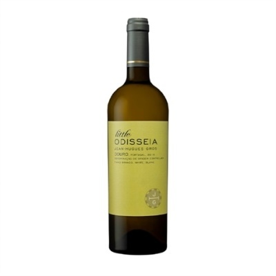 Garrafa de vinho branco com rótulo amarelo e texto preto