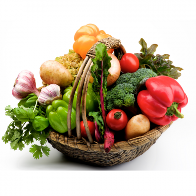 Cesto de vime com variedade de vegetais frescos coloridos
