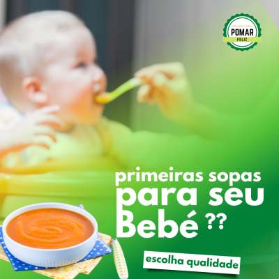 Promoção de primeiras sopas para bebé com tigela de sopa laranja e bebé a ser alimentado.