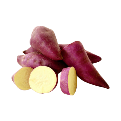 Batatas-doces com casca roxa e polpa amarela, algumas cortadas ao meio