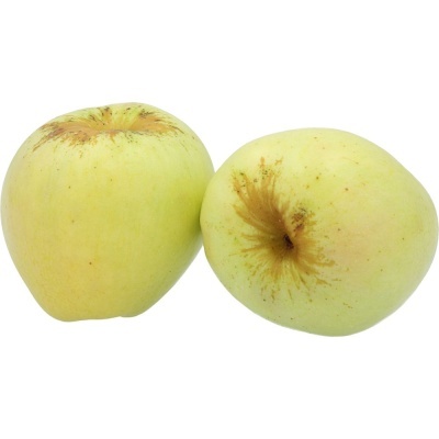 Duas maçãs verdes com manchas castanhas em fundo branco