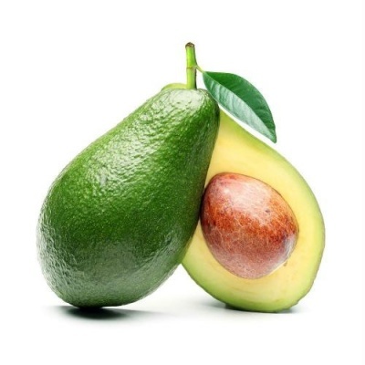 Abacate inteiro e metade com semente e folha