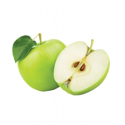 Maçã verde inteira e metade de maçã verde cortada com sementes