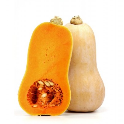 Abóbora butternut inteira e cortada ao meio sobre fundo branco