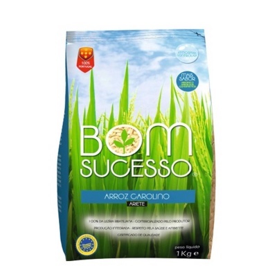 Embalagem de arroz Carolino Bom Sucesso de 1 kg com design verde e azul