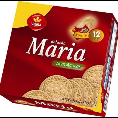 Pacote vermelho de bolachas Maria sem açúcar com 12 doses e 300g