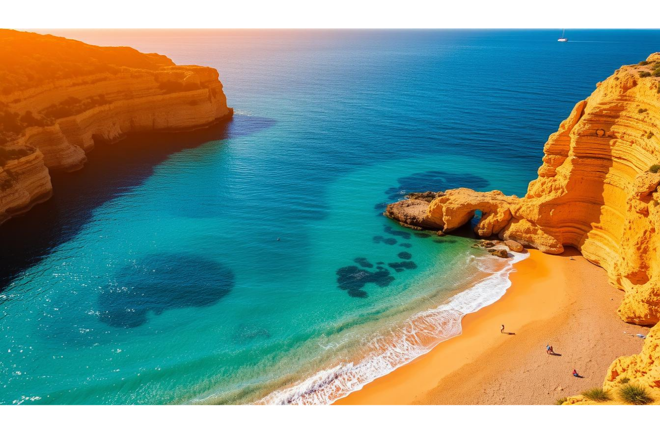 Mystery Sock Club Praia com areia dourada, águas azuis e falésias rochosas amarelas com uma pequena caverna natural