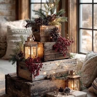 Decoração rústica com caixas de madeira, pinhas, bagas vermelhas e lanternas com luzes num interior acolhedor