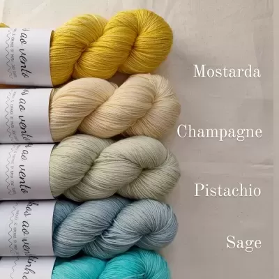Cinco novelos de lã em cores Mostarda, Champagne, Pistáchio, Salgueiro e Água com etiquetas brancas.