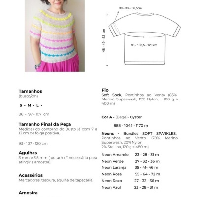 Mulher com top Neon Party colorido com riscas neon, e informações técnicas da peça