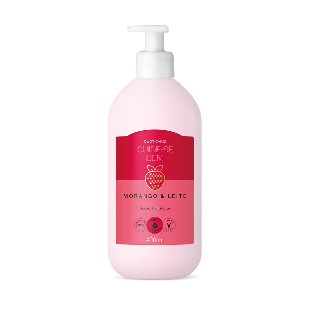Loção Hidratante Corporal Cuide-se Bem Morango e Leite 400ml Frasco de loção hidratante MORANGO & LEITE, O Boticário com doseador