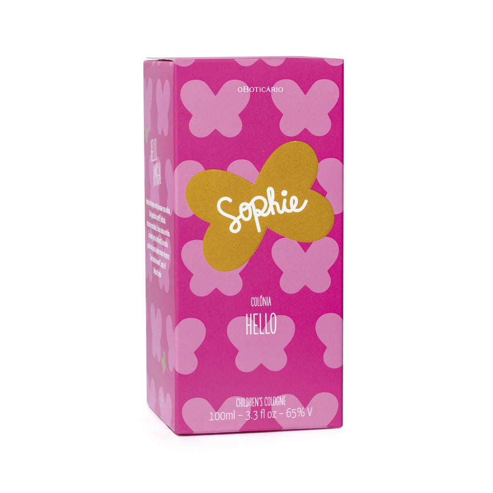 Sophie Hello Eau de Toilette, 100ml Caixa rosa com padrão de borboletas e texto Sophie colónia Hello