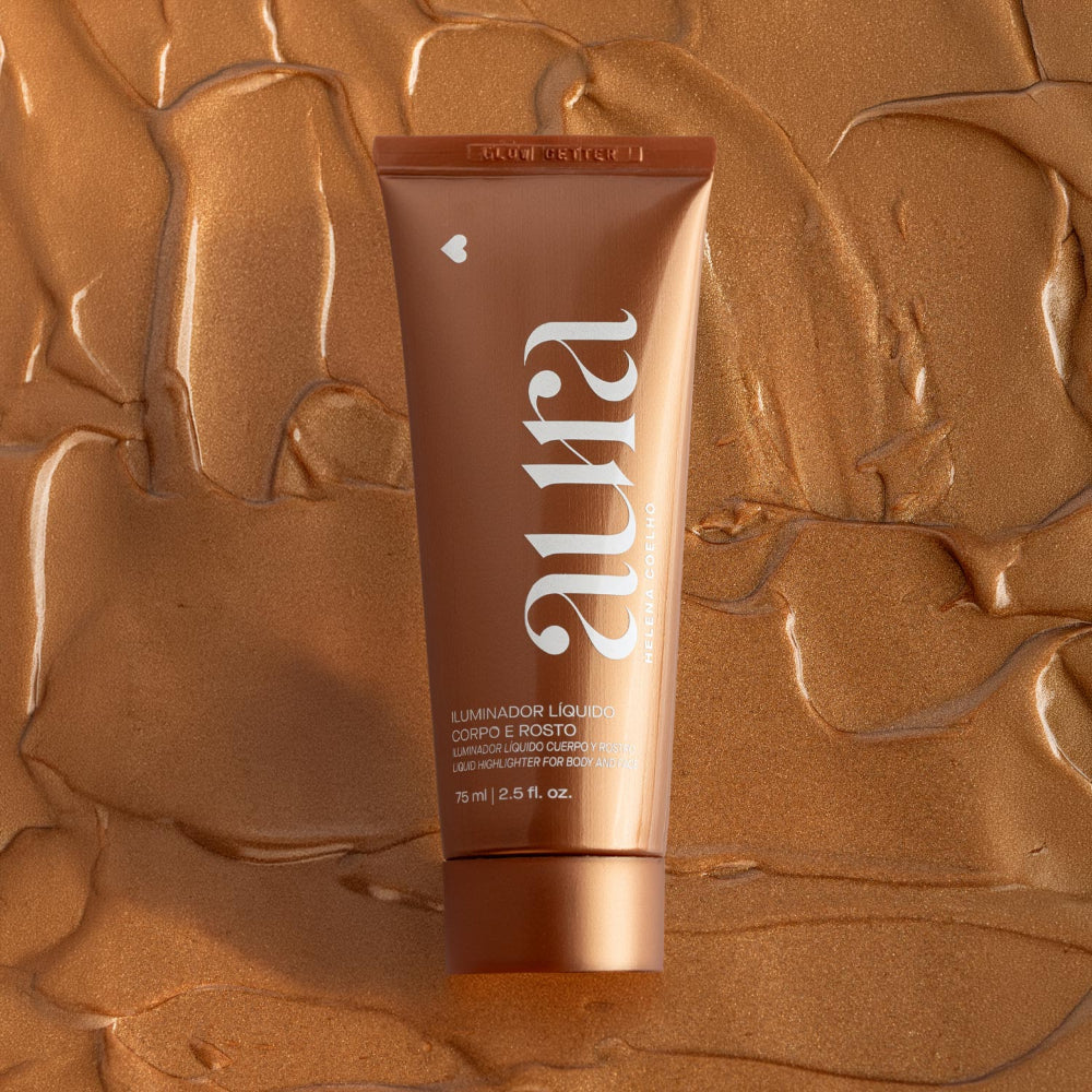 Iluminador Líquido Corpo e Rosto Aura by Helena Coelho, 75ml Iluminador líquido Aura Helena Coelho em tubo castanho metálico com tampa de rosca