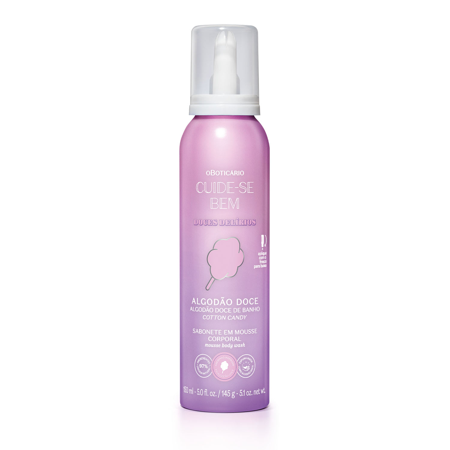 Sabonete Em Mousse Corporal Cuide-se Bem Doces Delírios Algodão Doce 150ml Frasco rosa de sabonete em mousse corporal Algodão Doce oBoticário