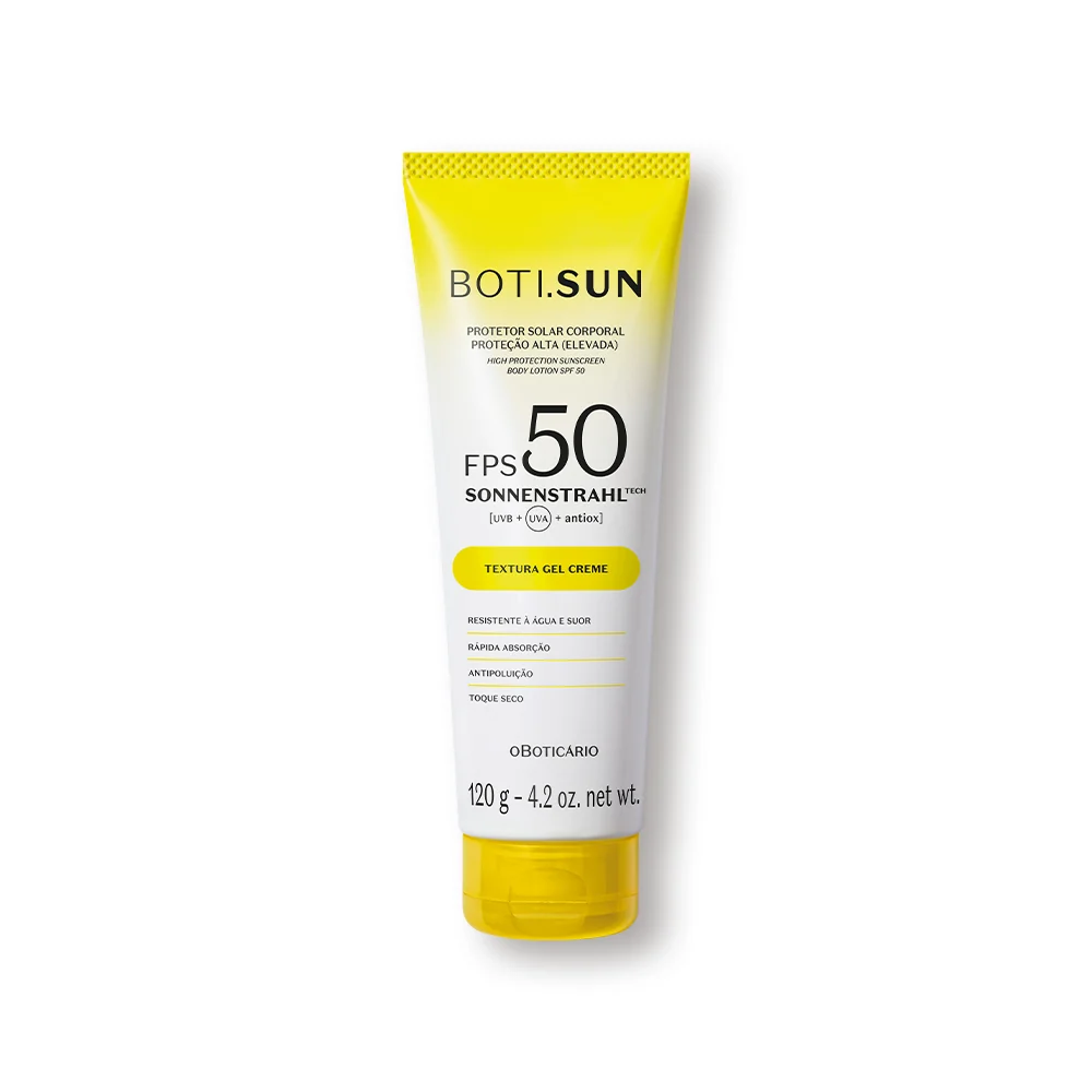 Boti.Sun Protetor Solar Corporal Gel Creme FPS50, 120g Frasco de protetor solar corporal BOTI.SUN FPS 50 branco e amarelo