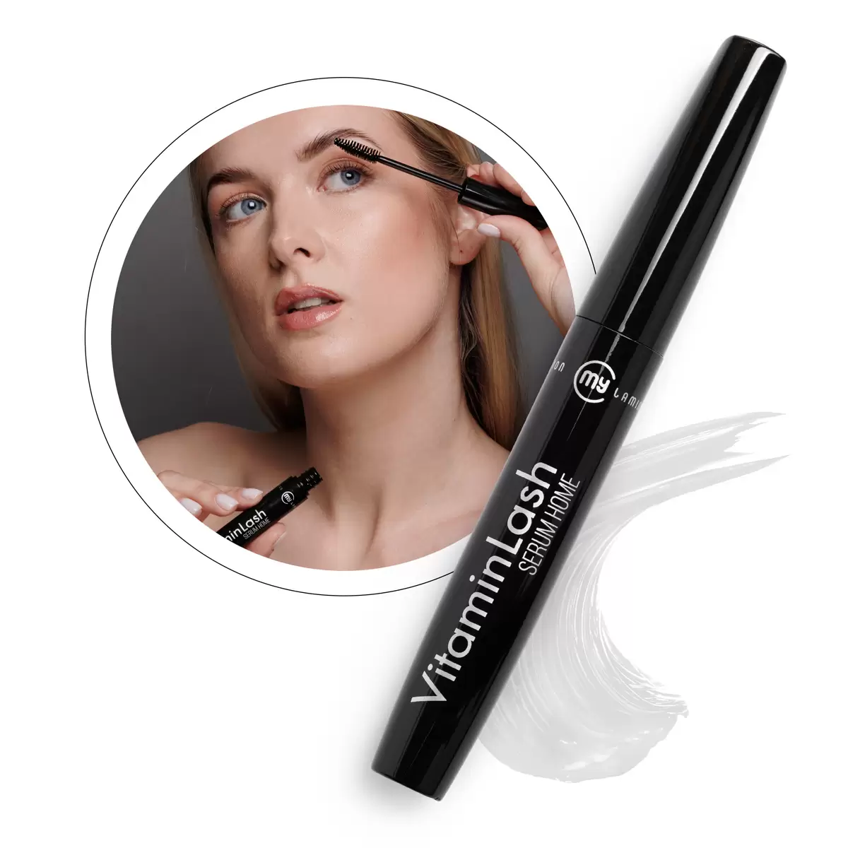 Vitamin Lash Sérum para pestanas VitaminLash embalagem preta e mulher a aplicar produto