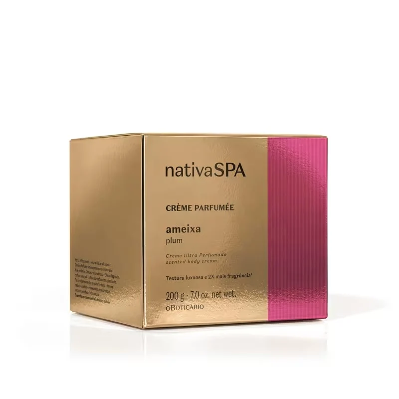 Crème Parfumèe Ultra Perfumado Nativa Spa Ameixa 200g Embalagem dourada e rosa de creme perfumado nativaSPA ameixa 200g