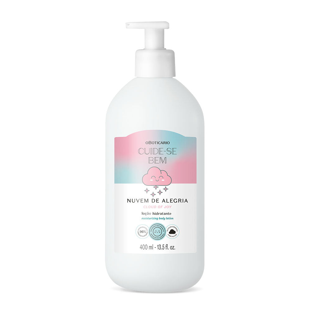 Frasco branco de loção hidratante O Boticário com rótulo colorido e doseador.