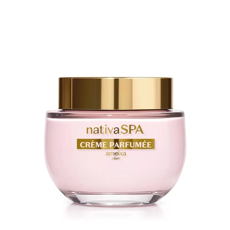 Crème Parfumèe Ultra Perfumado Nativa Spa Ameixa 200g Frasco rosa com tampa dourada de creme perfumado nativaSPA