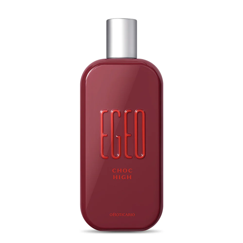 Egeo Choc High Eau de Toilette, 90ml Frasco de perfume vermelho escuro com tampa prata e texto EGO CHOC HIGH
