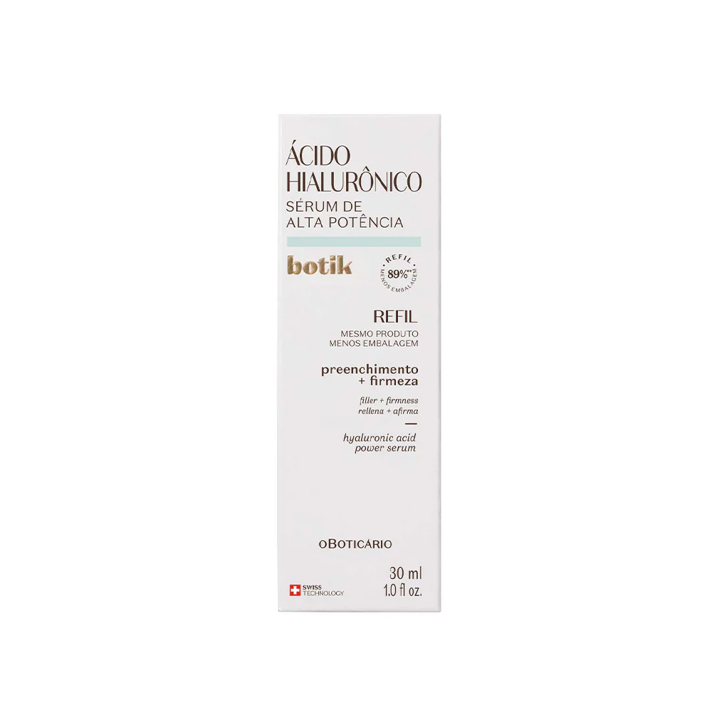 Refil Sérum de Alta Potência Ácido Hialurónico Botik 30ml Embalagem branca de sérum de ácido hialurônico Botik 30 ml com texto em castanho e dourado.