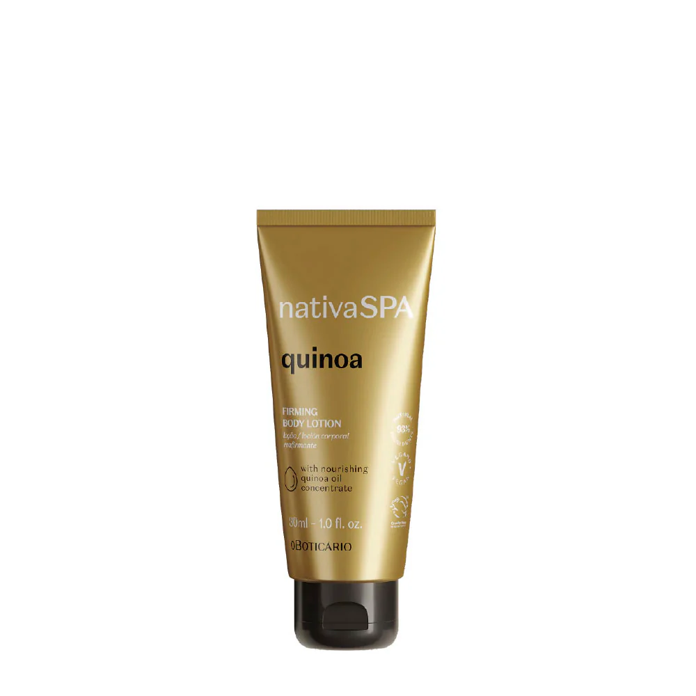 Mini Loção Refirmante Corporal Nativa Spa Quinoa, 30ml Frasco dourado de loção corporal nativa SPA quinoa com tampa preta