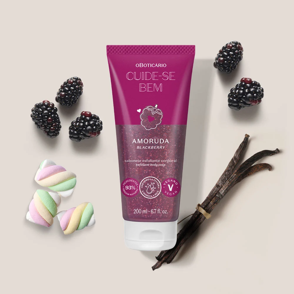 Gel de Banho Esfoliante Corporal Cuide-se Bem Amoruda 200ml Tubo de sabonete esfoliante corporal AMORUDA BLACKBERRY com amoras, marshmallows e vagens de baunilha
