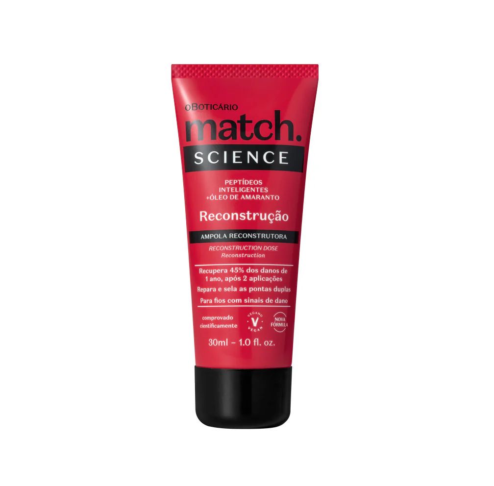 Ampola Capilar Match Science Reconstrução, 30ml Tubo vermelho e preto de ampola reconstrutora Match Science O Boticário 30ml