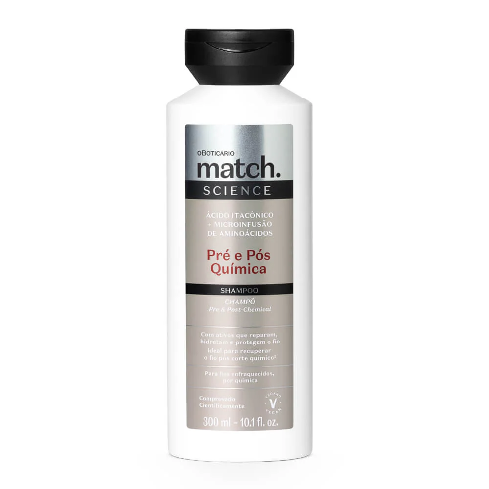 Shampoo Match Science Pré e Pós-Química, 300ml Frasco de shampoo branco com tampa preta e rótulo com texto em cinza e bege