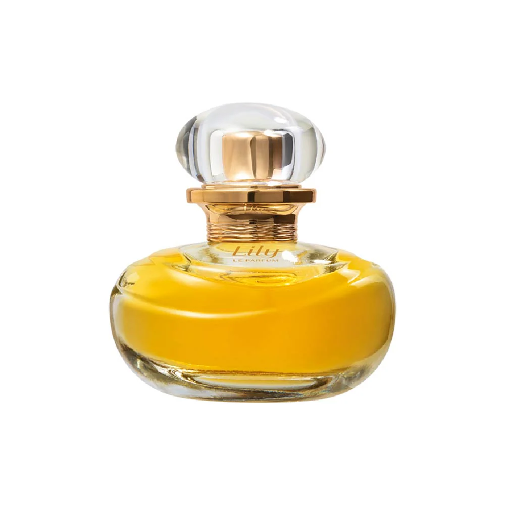 Lily Le Parfum, 30ml Frasco de perfume em vidro com líquido amarelo e tampa redonda transparente