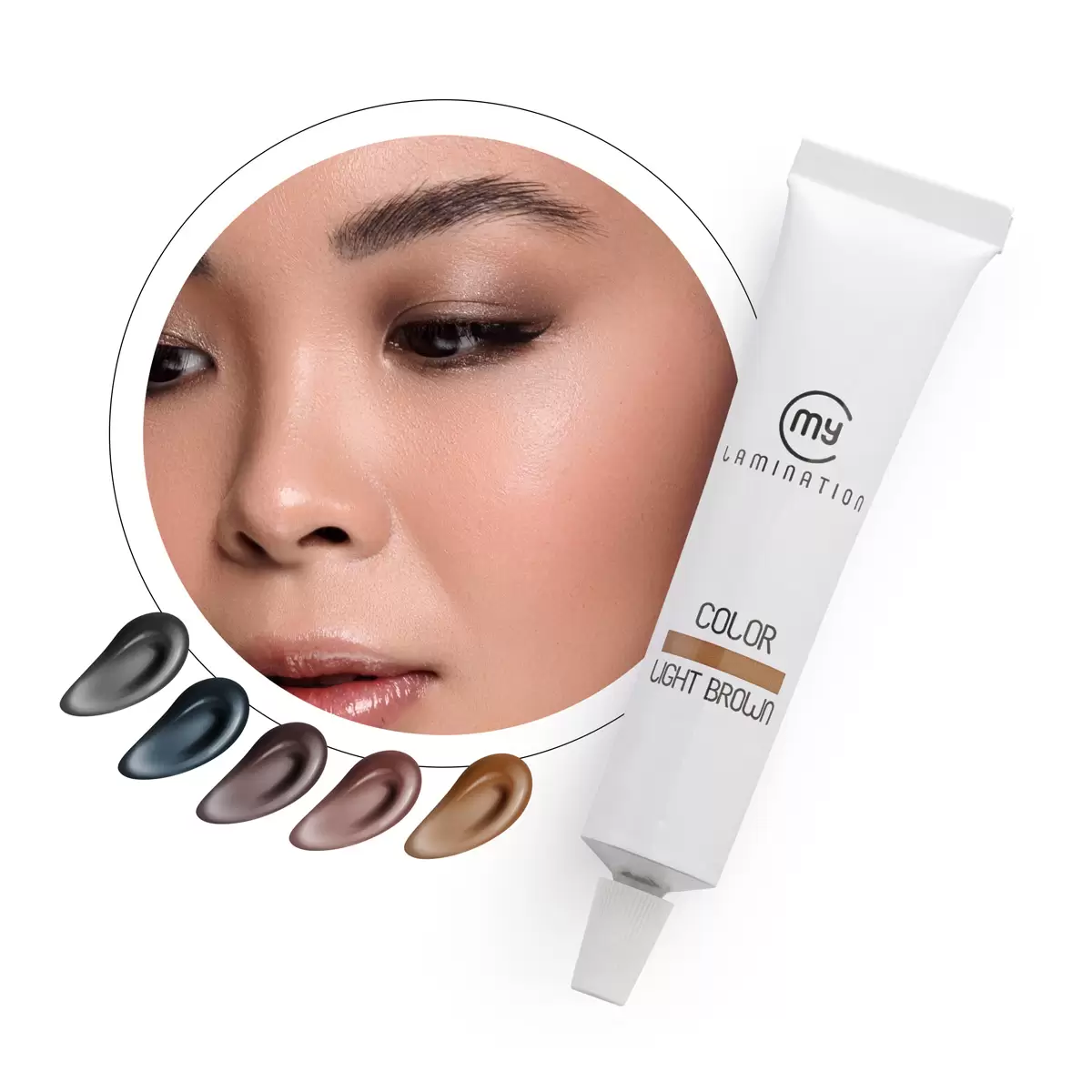 Tinta para pestanas e sobrancelhas Bisnaga branca de cosmético 'my LAMINATION COLOR LIGHT BROWN' com amostras de pigmentos e rosto de mulher ao fundo