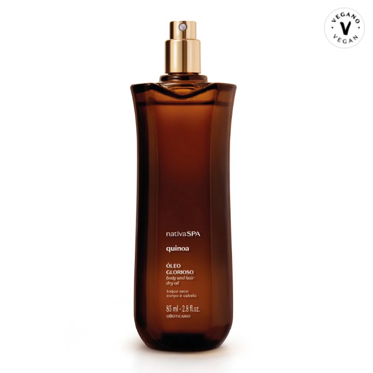Óleo Glorioso para Corpo e Cabelo Nativa SPA Quinoa, 85ml Frasco castanho de óleo corporal e capilar nativaSPA quinoa com pulverizador dourado e selo vegano sobre fundo branco