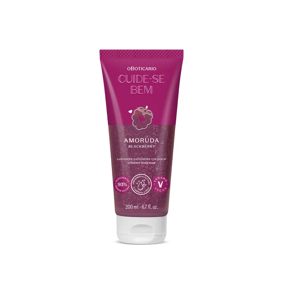Gel de Banho Esfoliante Corporal Cuide-se Bem Amoruda 200ml Tubo roxo e branco de sabonete esfoliante corporal Amorada Blackberry da marca oBoticário.